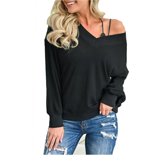 Womens One Shoulder Long Sleve Sweater Pullover Ladies Tops Knit Blouse Jumpers